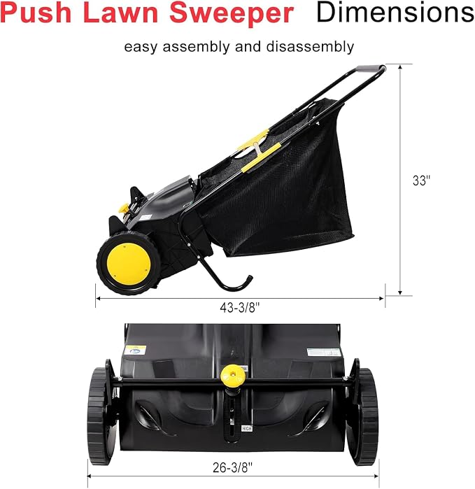 21" Hand-Push Lawn Sweeper | 4 Heavy-Duty Brushes & Wheels, Adjustable Height, 3.5 FT Large Hopper | for Efficient Leaf and Grass Collection in Lawns, Yards, Gardens (Black+21 Ihch)