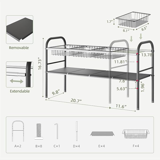 NETEL Under Sink Organizers and Storage, 2 Tier Expandable Under Cabinet Organizer Shelf with 4 Baskets and 4 Panels, Expandable Shelf for Cupboard, Kitchen, Bathroom, Shoe Storage Rack