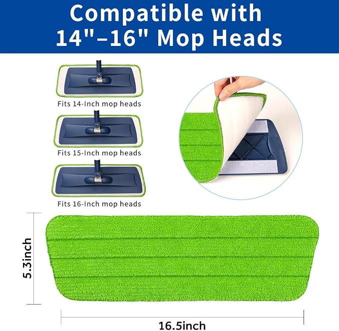 16.5" Microfiber Mop Pads Refills, 4 Pack Reusable Replacement Heads | reusable wet mop refills, machine washable for 14-16 inch spray mops, hardwood floors, dust cleaning & scrubbing
