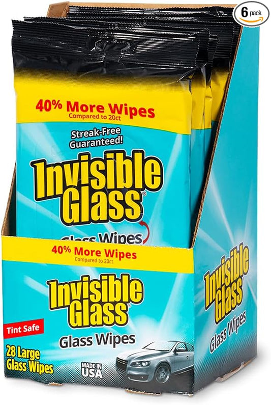 Invisible Glass 90161-6PK Large Glass Cleaning Wipes for Streak-Free Windows, Mirrors, and Glass, Lint-Free, Ammonia-Free, Tint-Safe, for Home and Auto, Flat Pack, 28 Count (Pack of 6)