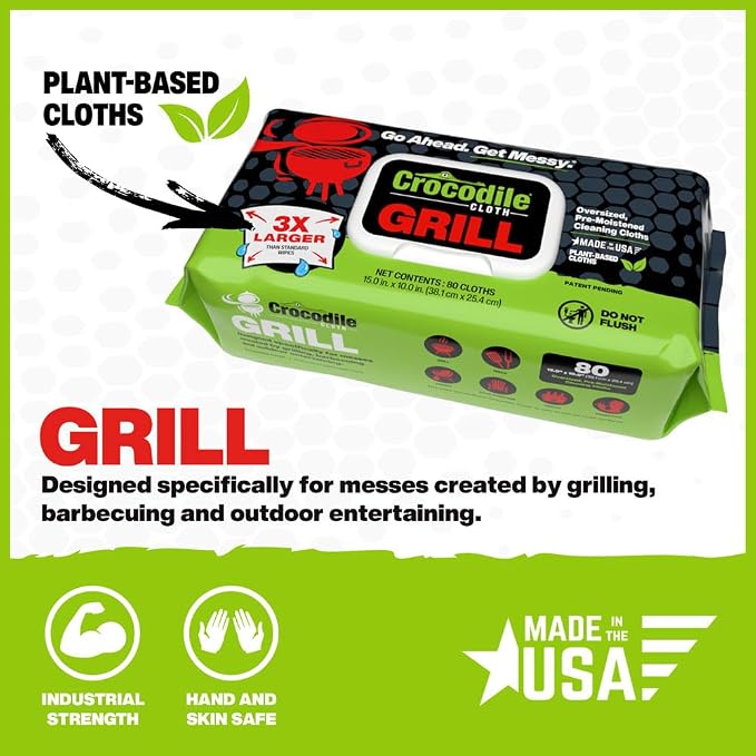 Crocodile Cloth Grill Wipes, 640 Count (8 Packs) – Extra-Large 15” x 10” Plant-Based Cleaning Cloths, Safe on Skin & Surfaces, Pre-Moistened with Aloe & Vitamin E