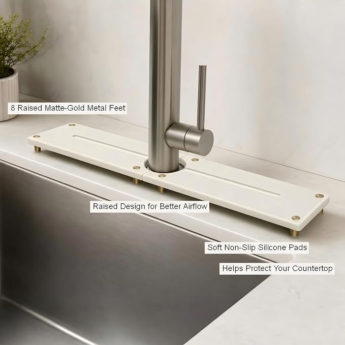 2PCS Stone Faucet Mat for Kitchen Sink, Water Absorbing Sink Tray Organizer for Bathroom Counter, Diatomite Soap Dish Coaster Caddy Riser, Sponge Holder Dispenser Mat, Gold White 23.6" x 4", 1 Set