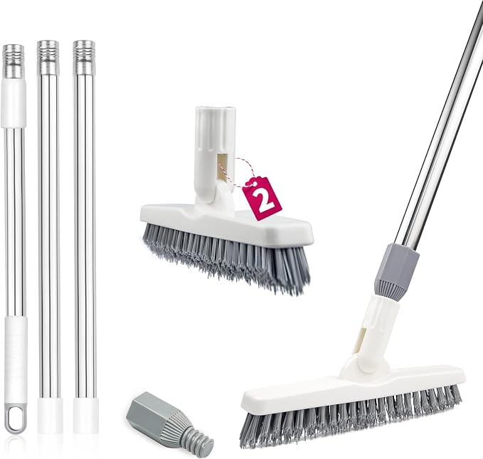 2 Pack Grout Cleaning Brush with Long Handle, Swivel V-Shape Grout Scrub Brush, Extendable Handle for Tile Floors, Bathroom, Shower, Corner
