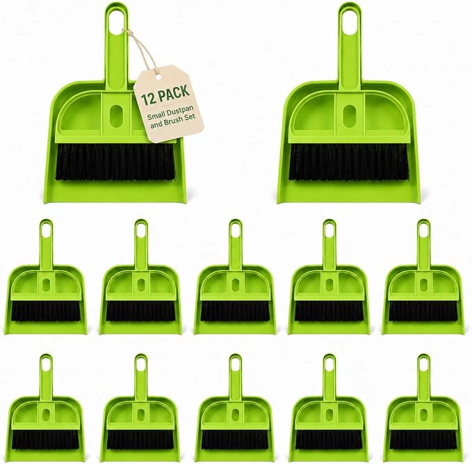 Healifty 12 Pack Mini Broom and Dustpan Set | Small Dustpan and Brush Set, Green Handheld Whisk Broom and Brush for Home, Office, School, Kitchen