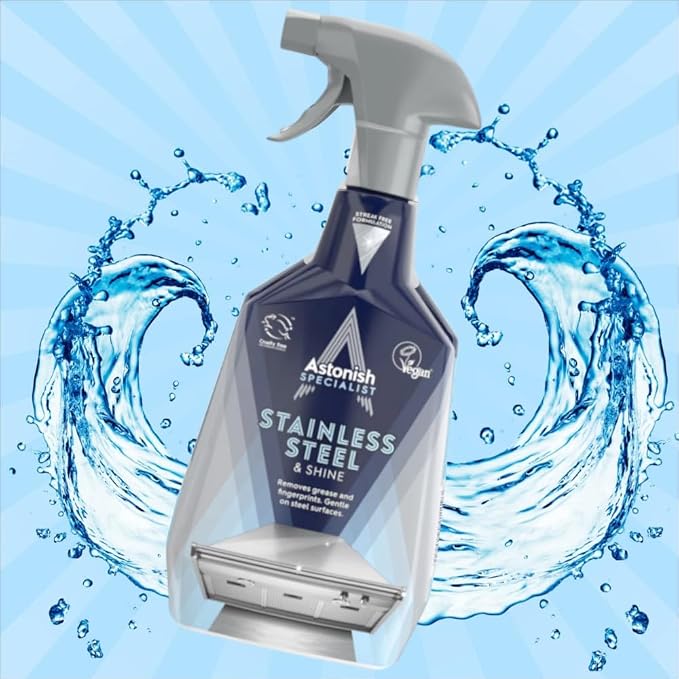 Astonish Specialist Stainless Steel Cleaner & Shine Spray, Clear Waters - Streak-Free Polished Finish for Fridge, Range Hood & Back Splash - Remove Grease & Watermarks, Vegan, Cruelty-Free, 750ml