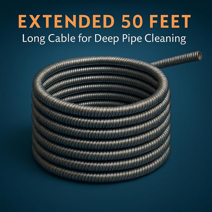 50 FT Drain Snake Hair Drain Clog Remover, Manual Or Powered, Plumbing Snake With Drill Adapte,Unclog Sink Drain Tool, Drain Auger for Toilet、Shower、Kitchen、Sink, No Auto Retract Or Feed, Blue
