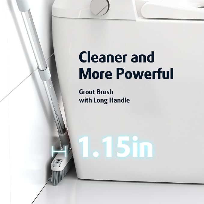AIR U+ Grout Brush with Long Handle 180° Swivel Scrub Brush with Tweezers to Hair Clip V-Shape Grout Line Scrubber Stiff Bristles for Deep Cleaning Crevice, Tile Line, Shower, Kitchen, Corners（White）