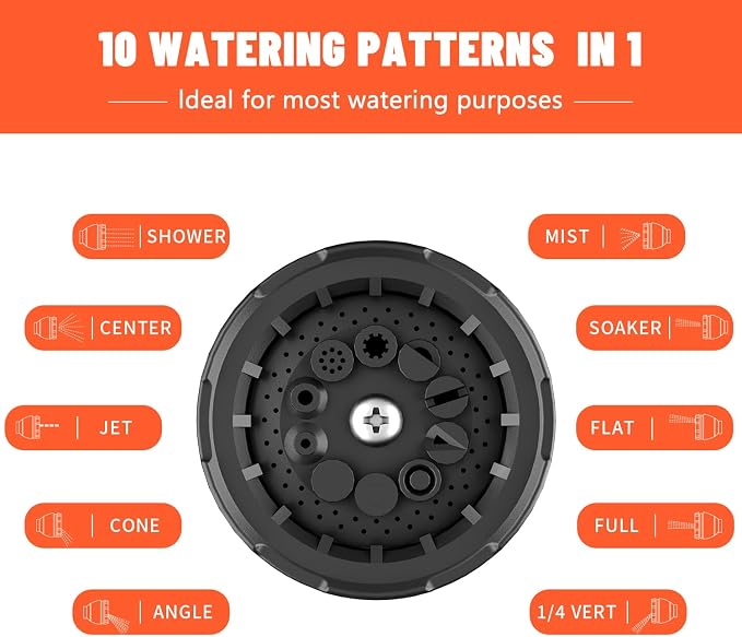 Besiter Garden Hose Nozzle Sprayer 10 Watering Patterns Spray Nozzles Heavy Duty Hose Head Lightweight Hose Attachment Orange