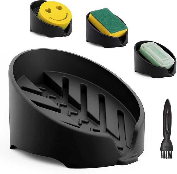 NiHome Silicone Sponge Holder Compatible with Scrub Daddy Mommy Sponges for Kitchen & Bathroom, Auto Draining Organizer, Holds Multiple Sponges & Cleaning Tools, Food-Grade, Dishwasher Safe (Black)