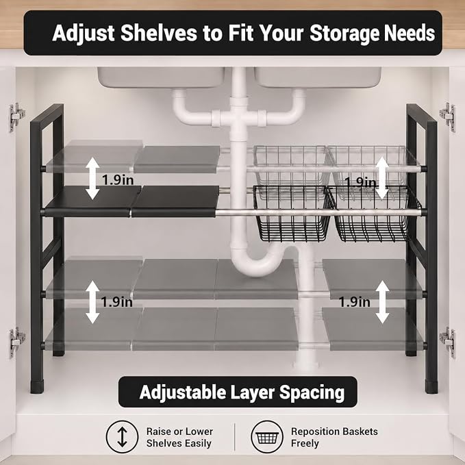 Expandable Under Sink Organizer, 2 Tier Under Sink Shelf, Height Adjustment, Under Sink Shelves with 3 Removable Baskets and 3 Removable Panels for Bathroom Kitchen Pantry Cabit black 21.65in