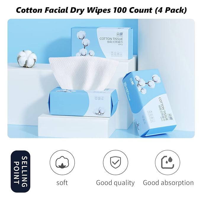 Cotton Facial Dry Wipes 100 Count, Deeply Cleansing Disposable Face Towel Wash Cloth, Multi-Purpose for Skin Care, Make-up Wipes, Face Wipes and Facial Cleansing (6 Pack)
