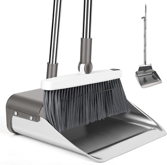 Broom with Dustpan Combo Set, Lightweight Standing Metal Dust Pan with Teeth, Home Essentials Suitable for Home Kitchen Lobby Room Office, Grey