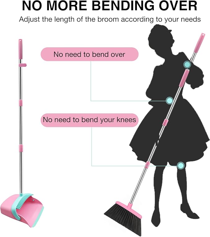 NACENA Broom and Dustpan Set with 52-in Long Adjustable Handle, Pink Blue | Broom Dustpan Combo with Dustpan Teeth to Automatically Clean Hair Suitable for Home Kitchen Office Hall Floor