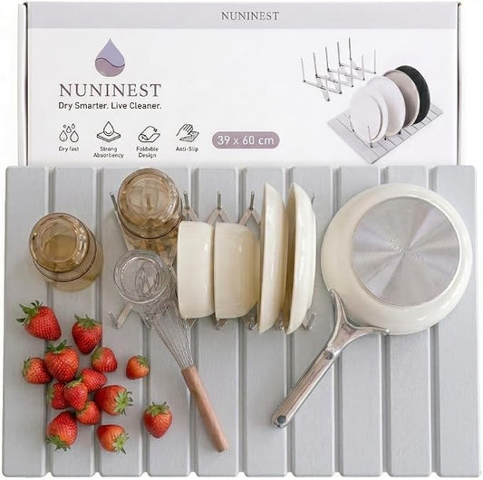 Diatomaceous Stone Dish Drying Mat with Collapsible Steel Rack - Quick Dry Kitchen Counter Set, Space Saving Foldable Dryer