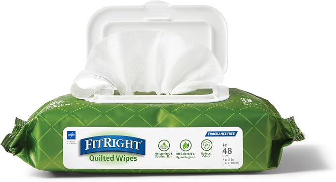 Medline FitRight Aloe Quilted Heavyweight Personal Cleansing Cloth Wipes, Unscented, Pack of 48, 8 x 12 inch Adult Large Incontinence Wipes