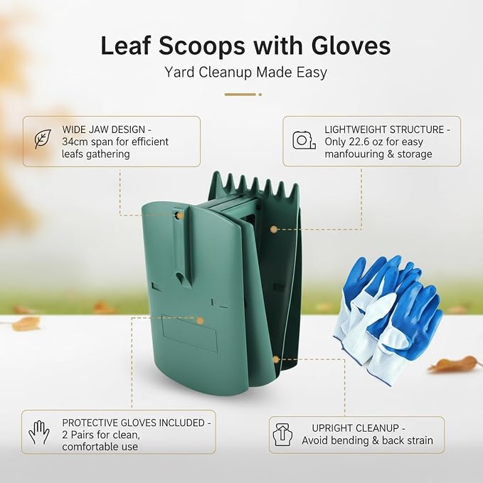 Leaf Scoops with Gloves, Wide Jaw Yard Tool for Lawn Cleanup, Durable POM Plastic Rake Alternative for Garden Debris