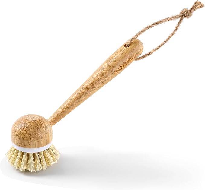 SUBEKYU Dish Brush with Handle, Natural Bamboo Dish Scrubber Brush, Kitchen Dishwashing Brush for Cleaning Dishes/Pans/Pots/Sinks, Sisal Bristles, 2P