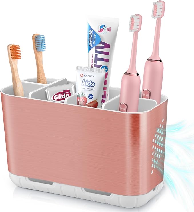 Boperzi Toothbrush Holders for Bathrooms Countertop, Electric Tooth Brush Holder with Adjustable Dividers, Detachable Anti-Slip Large Toothpaste Caddy Organizer Storage for Shower, Family, Kids, Pink