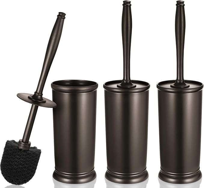 HAMITOR Toilet Bowl Brush Holder Set: Classic Round Bristle Head Deep Cleaning Cleaner Scrubber with Tall Caddy for Restroom - Home Bathroom Decor Accessories - Bronze 3 Pack