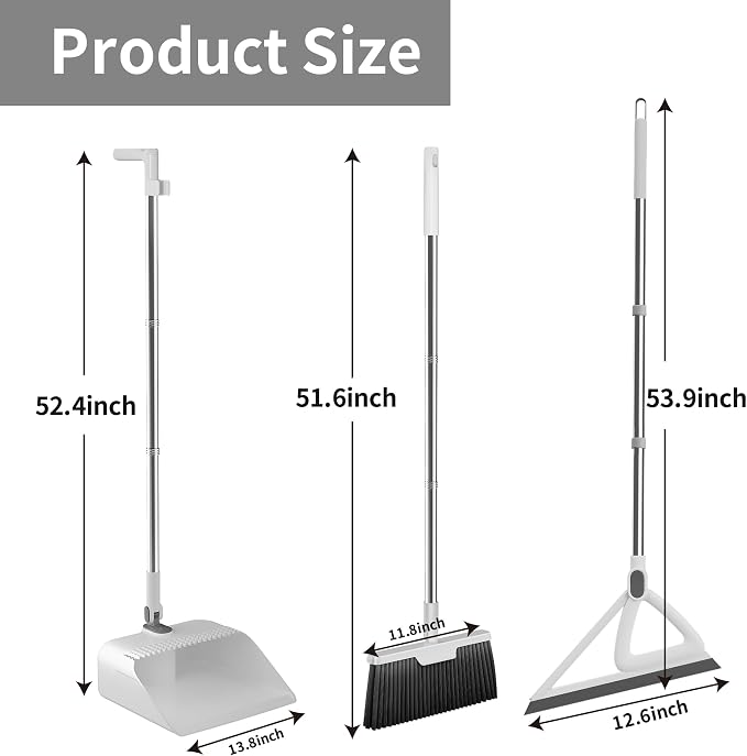 3 Pieces 52'' Broom with Dustpan Combo Set and Silicone Air Broom Kit, Long Handle Broom and Dustpan Sets with Teeth, Upright Storage Household Broom and Dustpan Sets Light Gery