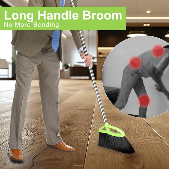 Soft Bristles Broom and Metal Dustpan Set for Indoor, Hardwood, Floor