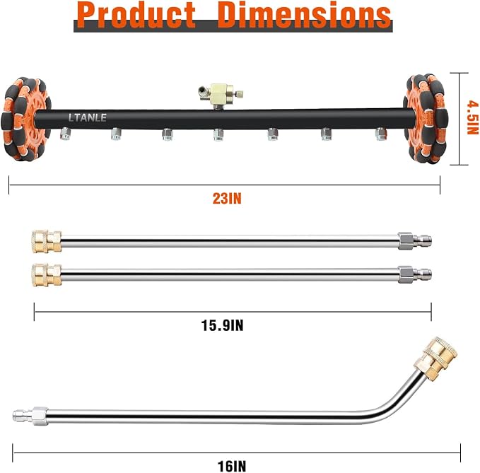 2-in-1 Can Move Horizontally Pressure Washer Undercarriage Cleaner Water Broom，23" Surface Cleaner Power Washer Attachment with 7 Nozzles 3 Extension Rods andSpare Wheel，4000 PSI