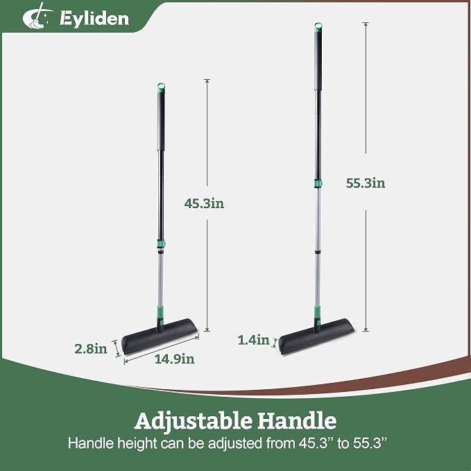 Eyliden Floor Scrub Brush, 15-inch Wide, 55" Long Handle, Deck Scrubber | 2-in-1 Stiff Bristles and Rubber Squeegee, 45° Angle Head, Telescoping Handle, for Bathroom Shower Kitchen Patio Garage