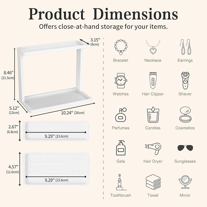 PEKER Bamboo Bathroom Organizer Countertop – Small Vanity Storage Shelf for Makeup, Perfume, Skincare – Natural Cosmetics Display Rack for Dresser, Sink, Kitchen –White