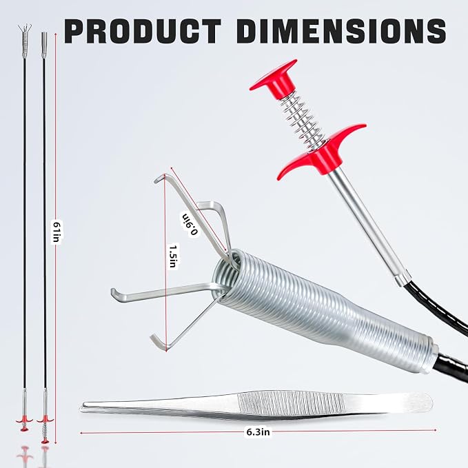 Flexible Grabber Claw, 4 Claws Drain Snake with Tweezers, Drain Clog Remover Bendable Hose Grabber Reacher Tool for Toilet Sewer Shower Kitchen Bathroom Tub Clogged (61 inch)