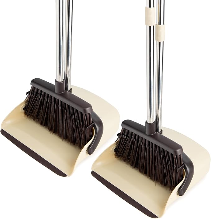 2-Pack Broom and Dustpan Combo Set,51" Long Handle,Beige | Standing Dustpan, Heavy Dust,House Accessories for Home, Kitchen, Office, Pet Hair