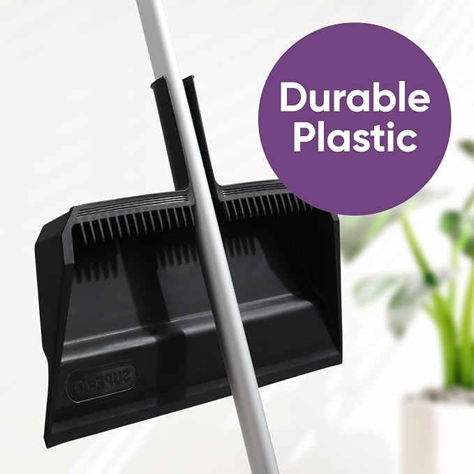 Superio 2-Pack Wide Plastic Dustpan with Comb - 16" Wide, Rubber Lip, Broom Handle Clip, Black