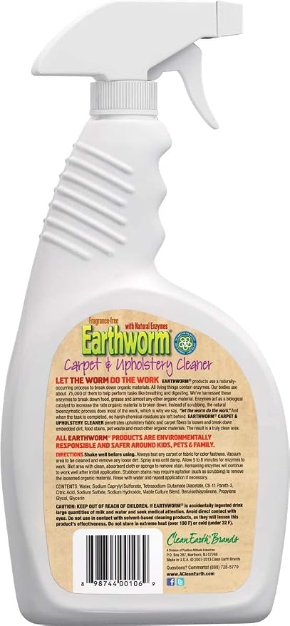 Earthworm Carpet & Upholstery Cleaner Spot & Stain Remover - Natural Enzymes, Safer for Family, Environmentally Responsible - 22 oz (Pack of Six (6))