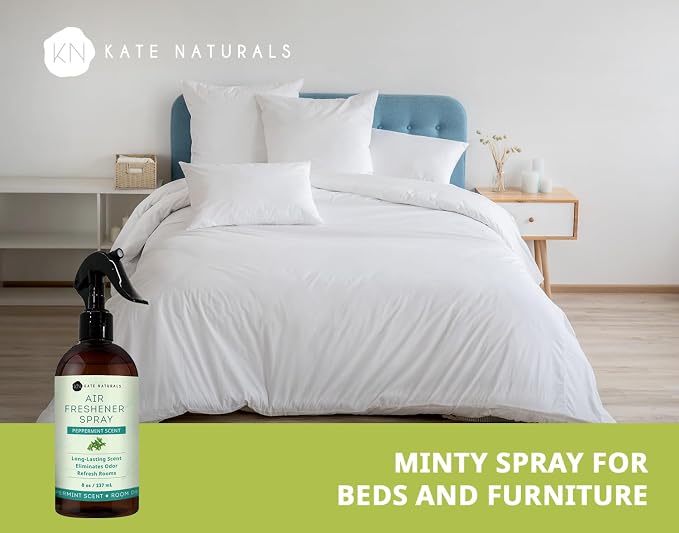 Kate Naturals Peppermint Air Freshener Spray for Room & Car with Natural Mint. Odor Eliminator Peppermint Spray for Bathroom & Linen (8 fl oz, Pet Safe, Non Toxic) | Pet Safe, Non Toxic, Natural Mint Odor Eliminator Peppermint Spray for Bathroom & Linen