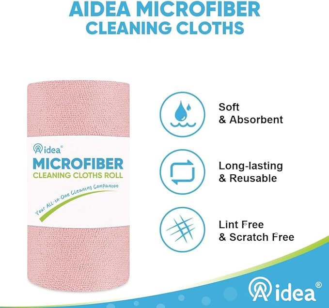 AIDEA Microfiber Cleaning Cloth Roll-55 Sheets, Pink Towels, 11×9" | Reusable Paper Towels, Microfiber Towels for Cars, Cleaning Rags for Automotive, House, Kitchen, Cleaning Supplies