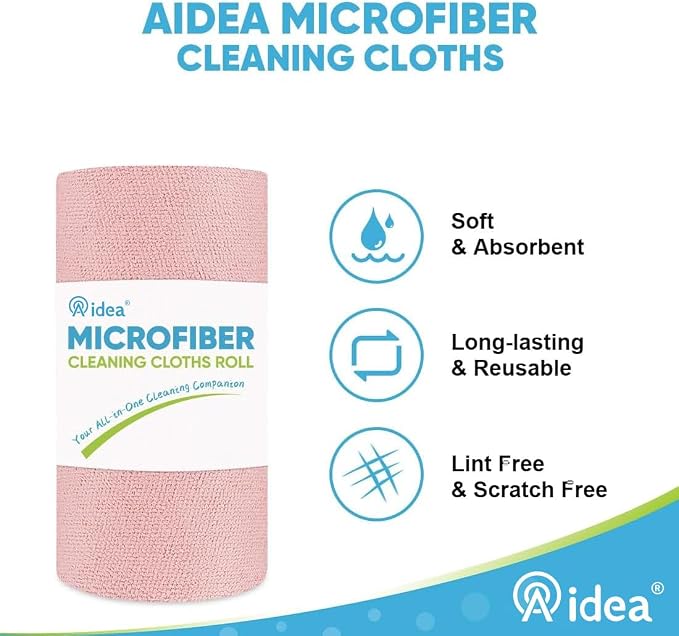 AIDEA Microfiber Cleaning Cloth 330 Sheets 6 Roll, Pink Towels, 11×9" | Reusable Paper Towels, Shop Towels, Microfiber Towel Roll, Cleaning Rags for Automotive, Workshops, House, Cleaning Supplies