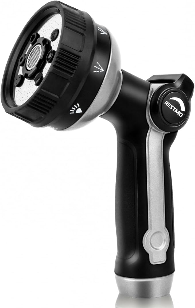 RESTMO Garden Hose Nozzle Heavy Duty, Metal Sprayer Nozzle Thumb Control | 8 Spray Patterns Full Shower Water Hose nozzle for Garden Hose, Ideal for Lawn & Plant Watering, Car & Pet Washing, Silver