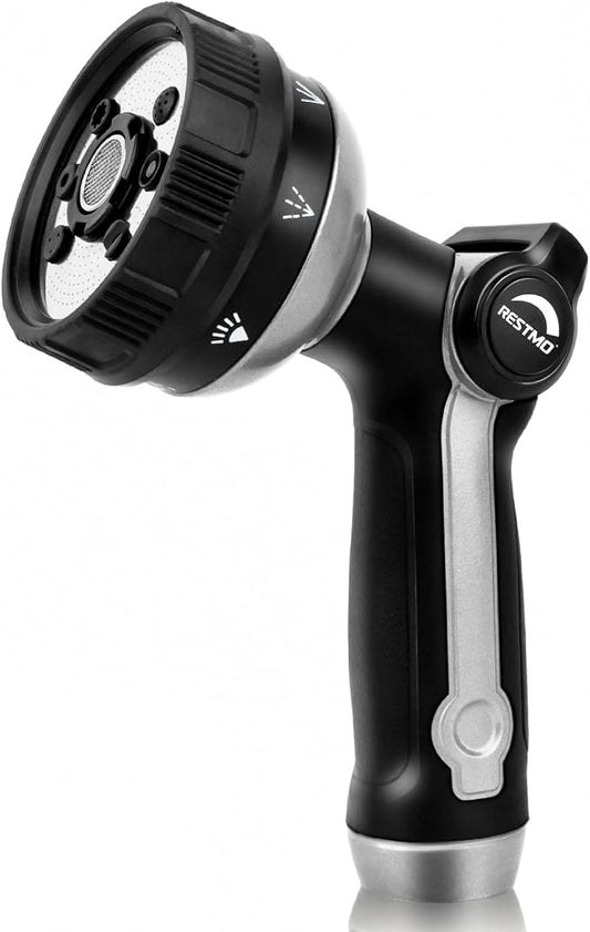 RESTMO Garden Hose Nozzle Heavy Duty, Metal Sprayer Nozzle Thumb Control | 8 Spray Patterns Full Shower Water Hose nozzle for Garden Hose, Ideal for Lawn & Plant Watering, Car & Pet Washing, Silver