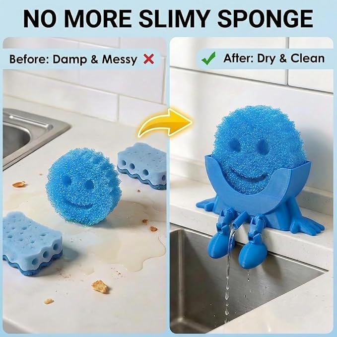 Creative Drainage Sponge Holder: Traceless Glue, 3D Printed Funny Kitchen Sink Holder, Keeps Sponge Dry – for Scrub Daddy (1, Blue)