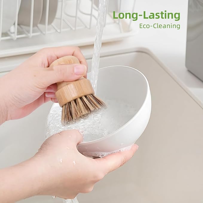 6 Packs Bamboo Dish Scrubber - Hard Bristle Natural Bristle Brush Union Fiber and Tampico Fiber Bamboo Dish Brush for Washing Cast Iron Pan/Pot