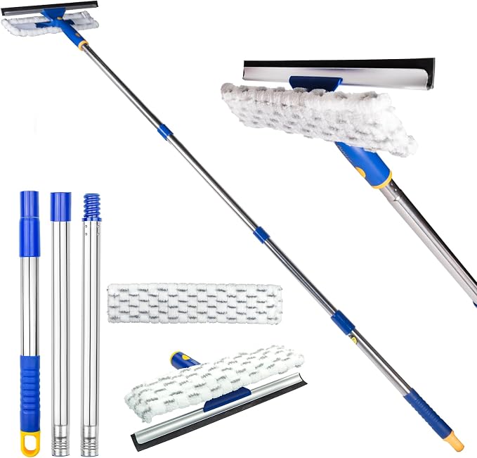 Squeegee for Window Cleaning with Extendable Pole, 53" 2-in-1 Window Cleaning Tool Kit, Shower Squeegee with Long Handle, Indoor/Outdoor High Window Cleaning-Two Pads
