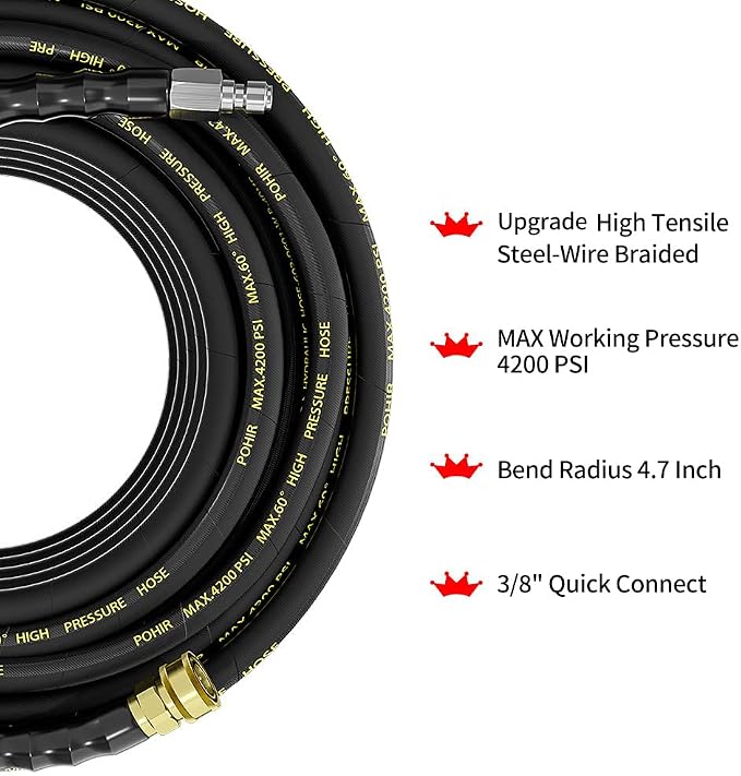 Pressure Washer Hose 25ft with 3/8'' QC, 4200PSI Power Washing Hose | 2pcs Quick Connect with M22 14mm Adapters, Steel Wire Braided 1/4’’ ID Hose, No-Kink&No-Bursting Powerful Cleaning Car Wash