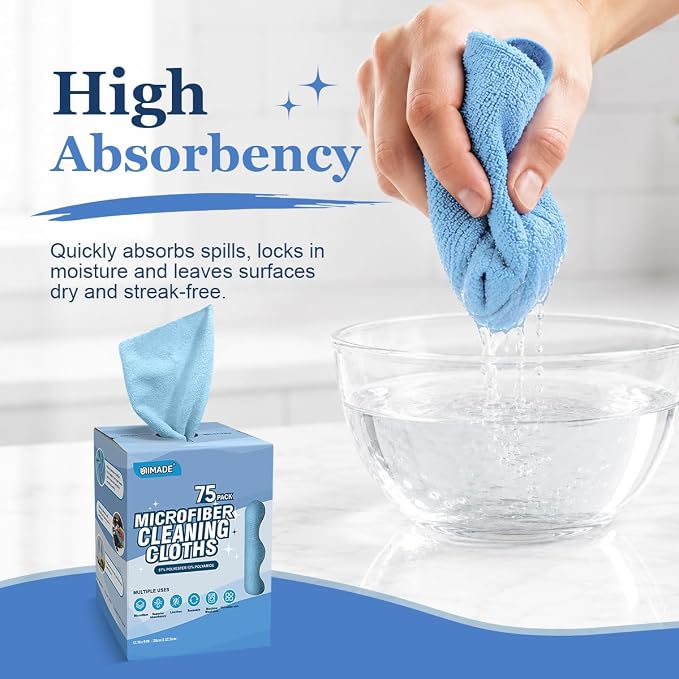 UNIMADE Microfiber Cleaning Cloth, 75 Sheets Microfiber Towels for Cars Commercial Grade Washcloths Lint-Free Bulk Shop Towel Cleaning Rags for Household Restaurant Garage Housekeeping, 11"x 9", Blue