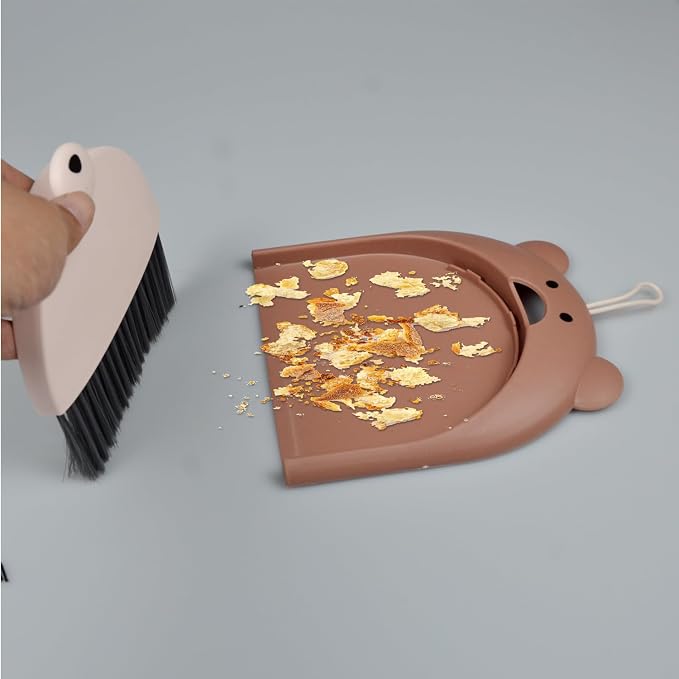 Mini Broom and Dustpan Set 6.2x6.3 Inches Compact Hand Broom for Desktop Table Countertop Car Office Kitchen Small Space Cleaning (Brown)