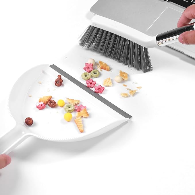 NACENA Mini Broom and Dustpan Set, Small Dust Pan and Brush Set, White&Gray | Dust Pan and Brush Set with Handle Dustpan Teeth for Cleaning Hair Suitable for Office Desks Drawers Sofas Outdoor Camping