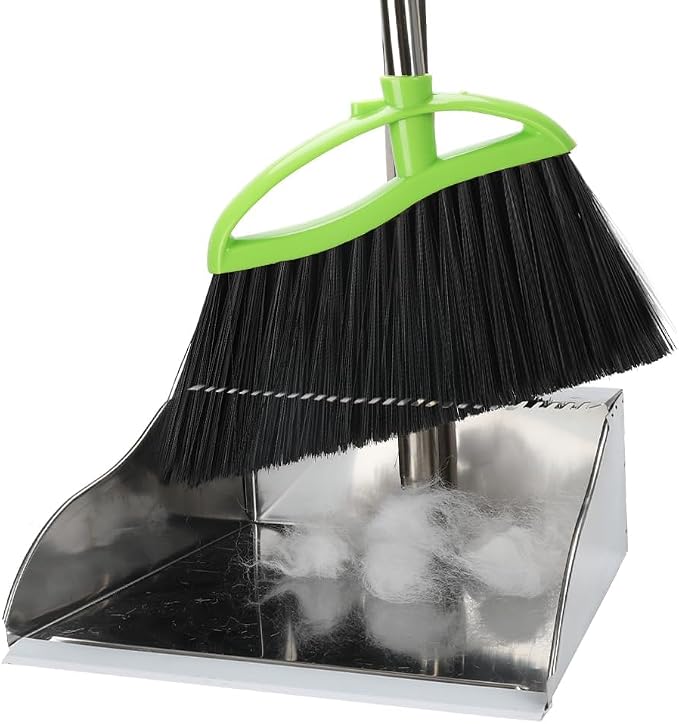 Soft Bristles Broom and Metal Dustpan Set for Indoor, Hardwood, Floor