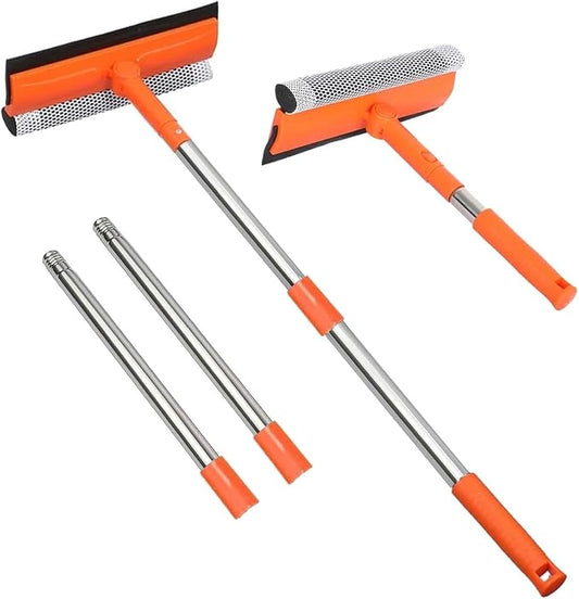 Professional Window Squeegee with 10-55" Extension Poles,2 in 1 Window Cleaner with Long Stainless Steel Handle,Sponge Car Window Squeegee for Gas Station, Glass,Shower