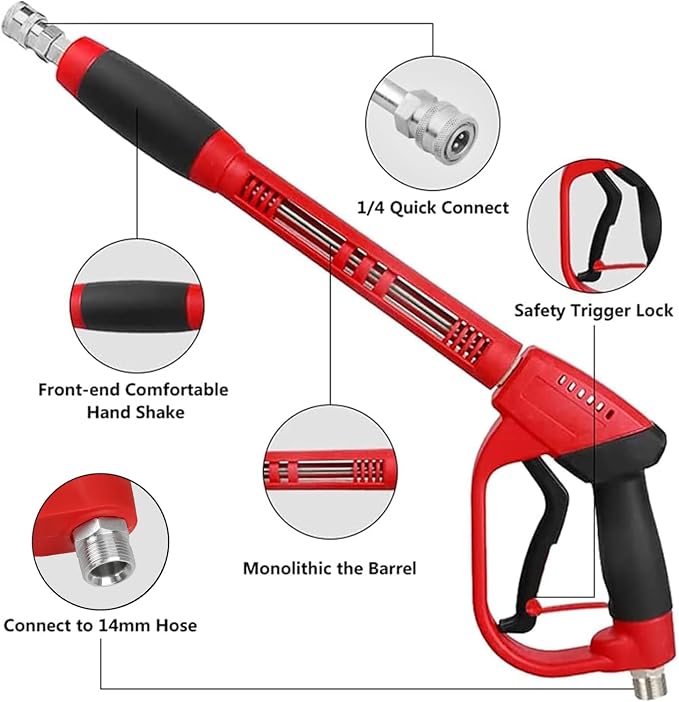 Upgraded Pressure Washer Gun with Extension Replacement Wand, M22 Fitting,7 Inch 30 Degree Curved Rod, 5 Nozzle Tips, 5000 PSI, 47 Inch