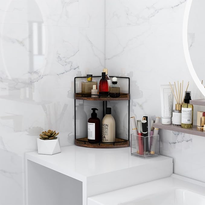 Dorhors 2-Tier Bathroom Counter Organizer,Vanity Counter Corner Shelf, Skincare, Wood Countertop Bathroom Storage and Organization for Kitchen (Dark Red)