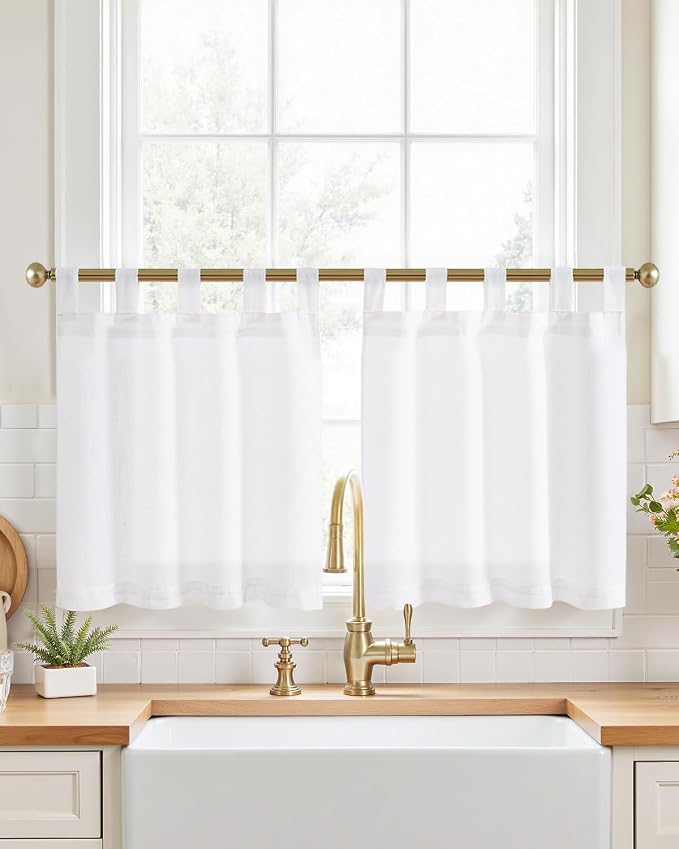 jinchan Linen Tier Curtains, Tab Top, 26x24, 2 Panels, Beige White | Light filtering, linen blend, farmhouse style, rustic decor, cafe curtain, kitchen, bathroom, laundry room, RV, small windows