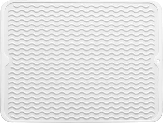 MicoYang Silicone Dish Drying Mat — Quick-Dry Ridges Counter & Sink Pad, Heat-Resistant Trivet to 450°F, Non-Slip & Dishwasher Safe, Roll-Up Storage, 18 Colors & 9 Sizes (White, 16"×12")